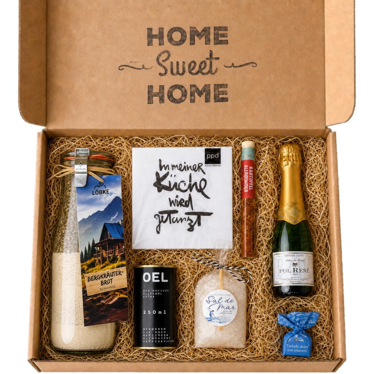 Mysupper Genussbox Geschenk zum Einzug — Olivenöl, Champagner, Pasta und Feinkost